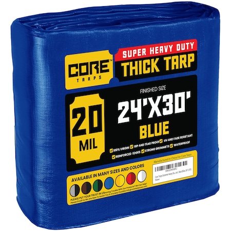 Core Tarps Heavy Duty Tarp, 30 ft x 0.5 mm H x 24 ft W, 20 Mil, Blue, Polyethylene CT-705-24X30